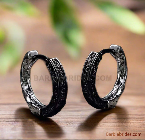 Retro Tang Grass Grain Sense Textured Black Silver Niche Men Women Hoop Earrings